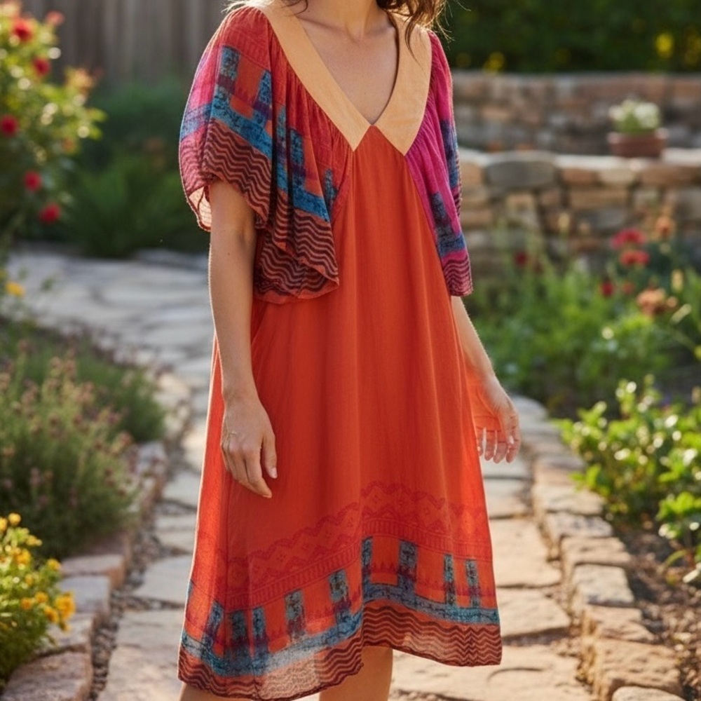 Anthropologie SILK Anupamaa Eastern Sunset Dress Women’s Size S Red Orange